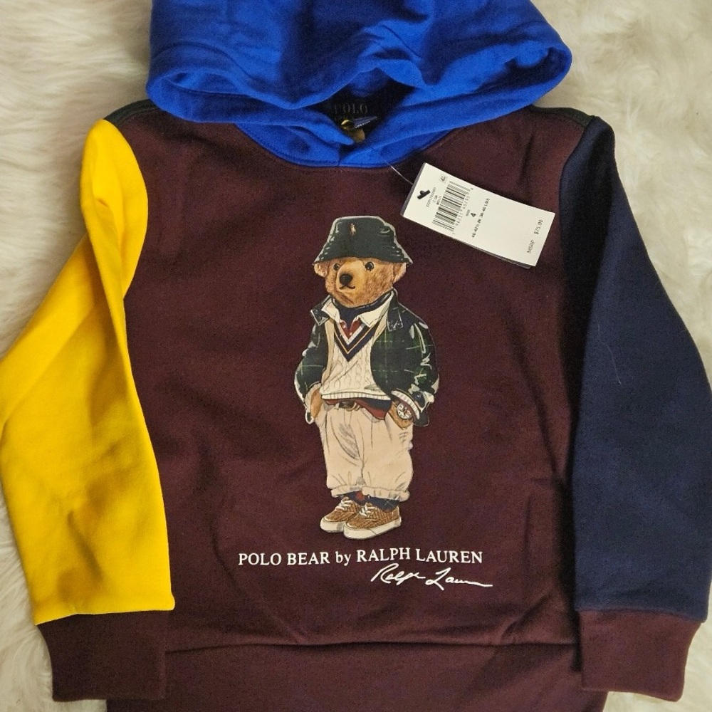 POLO RALPH LAUREN KID’S BEAR-PRINT COLOR-BLOCK HOODIE SZ 4